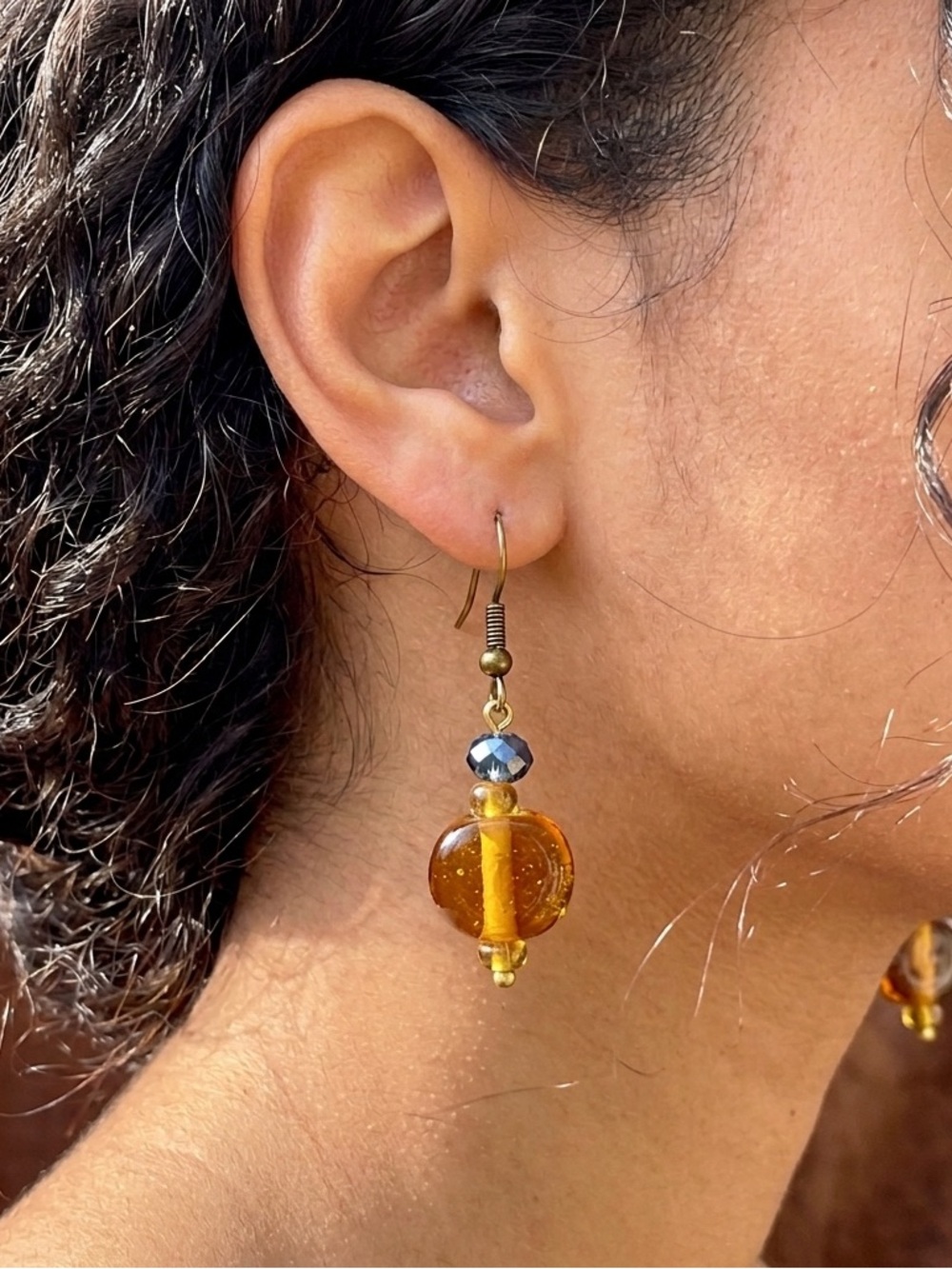 Handcrafted Glass Lampwork Bead Earrings | Amber Brown And Blue Handmade